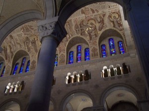 The colours in the stain glass are intense. Notice the unique ceiling too.