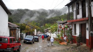 street with mountains in background