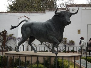 Bull and bull fighter are honored by statues outside the bullring
