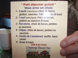 Breakfast menu,  L'Auberge Doucet